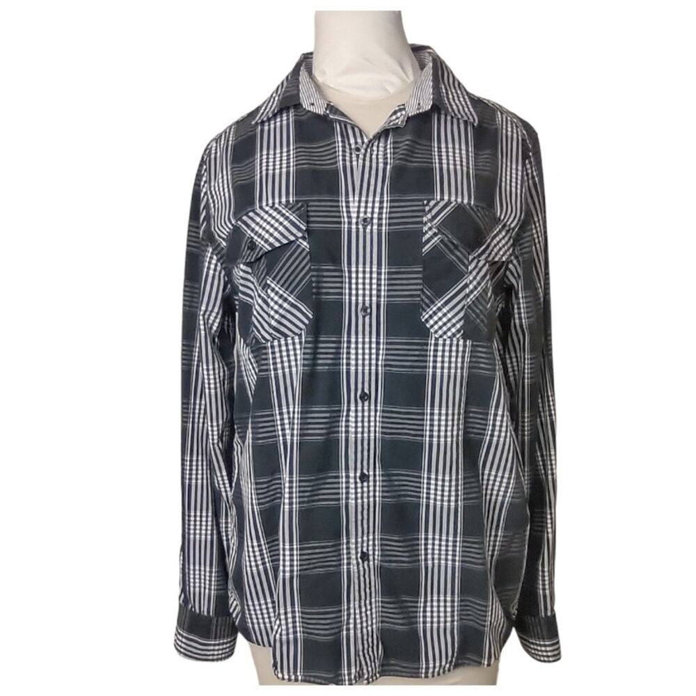 HERITAGE 1981 Mens Dress Shirt Size M Semi Fitted Plaid Black White Grey Western